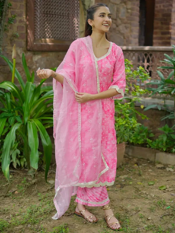 Pink Printed Cotton Straight Suit With Dupatta