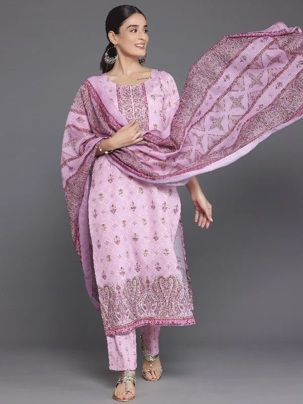 Pink Printed Poly Crepe Straight Suit With Dupatta