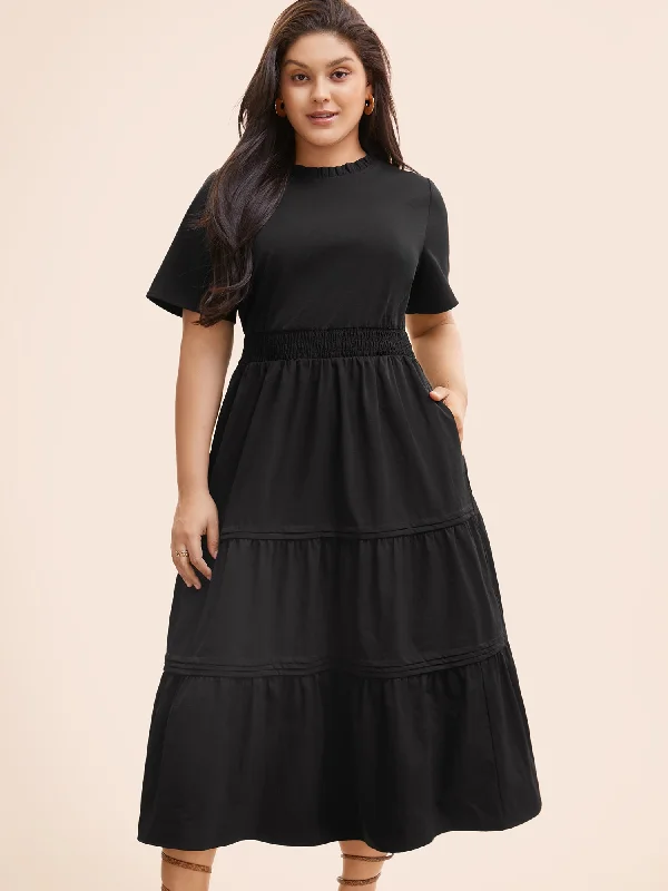 Plain Frill Trim Ruffle Layered Hem Dress