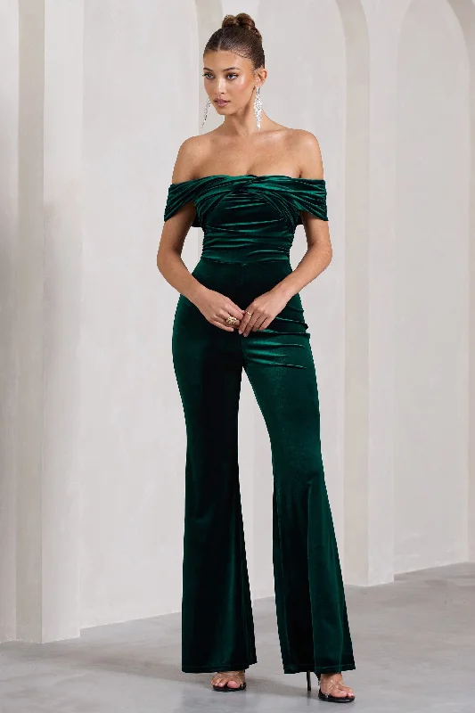 Recognition | Bottle Green Velvet Twisted Bardot Wide-Leg Jumpsuit