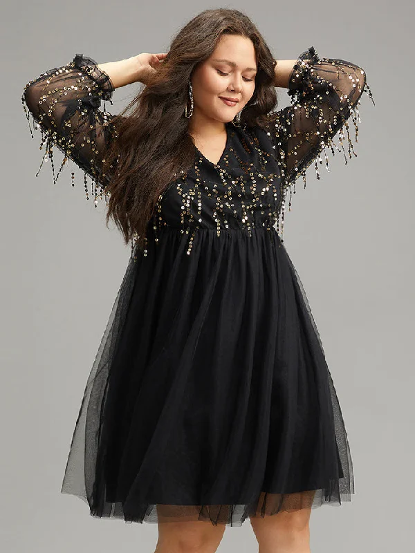 Sequin Mesh Patchwork Tassel Dress