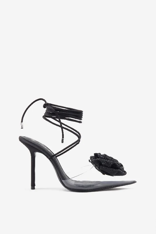 Sharpened | Black Lace-Up Clear Stiletto Heels With Diamante Flowers