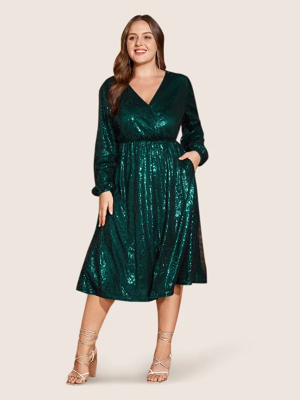 Solid Pocket Lantern Sleeve Wrap Sequin Dress