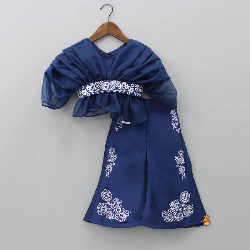 Stylish Pleated Blue Top And Embroidered Palazzo With Detachable Belt