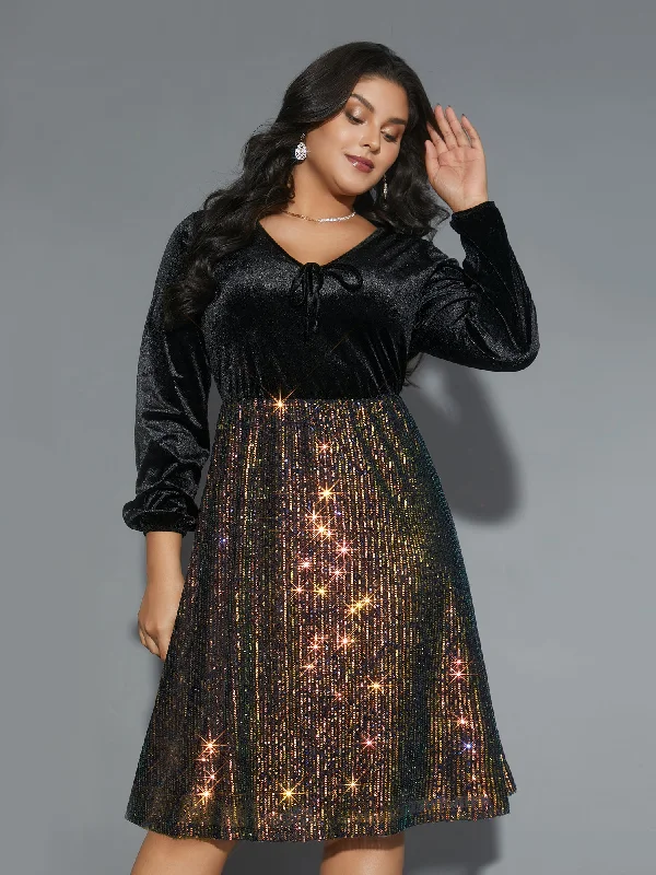 Velvet Sequin Patchwork Tie Knot Dress