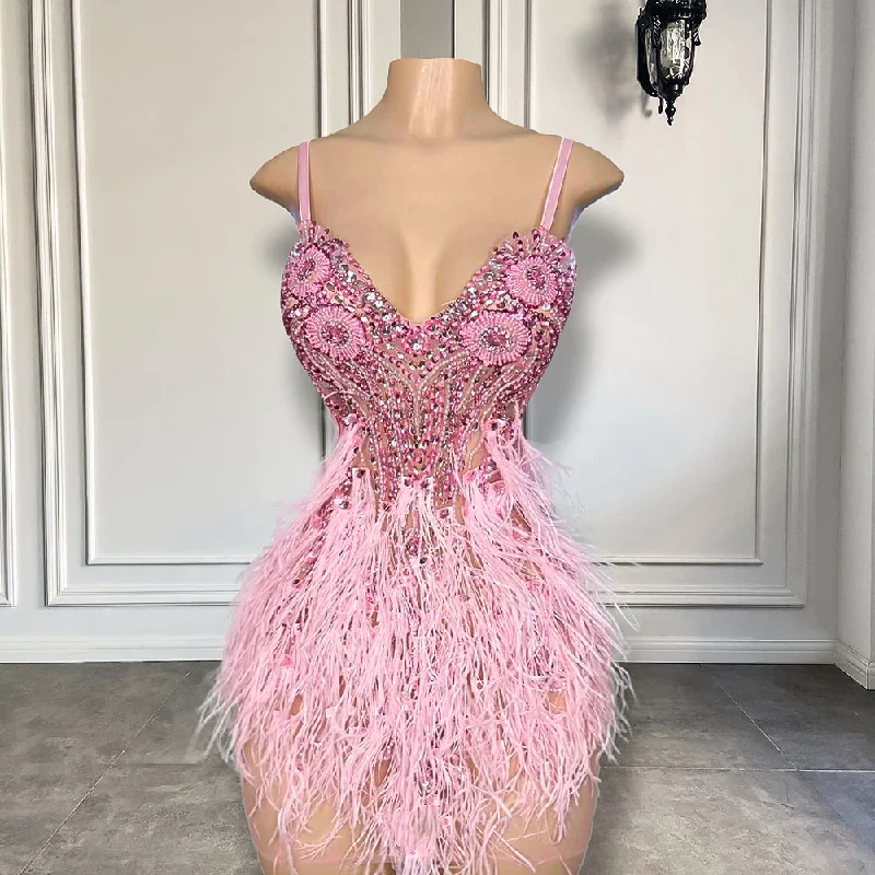 Cute Pink Diamond Crystals African Black Girls Short Prom Dresses Feather Mini Style Women Formal Birthday Party Gowns