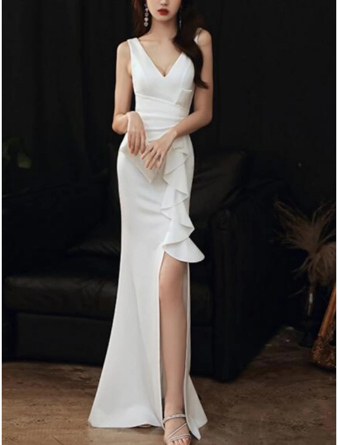 Mermaid / Trumpet Minimalist Elegant Wedding Guest Formal Evening Dress V Neck Sleeveless Floor Length Stretch Fabric with Ruffles Slit