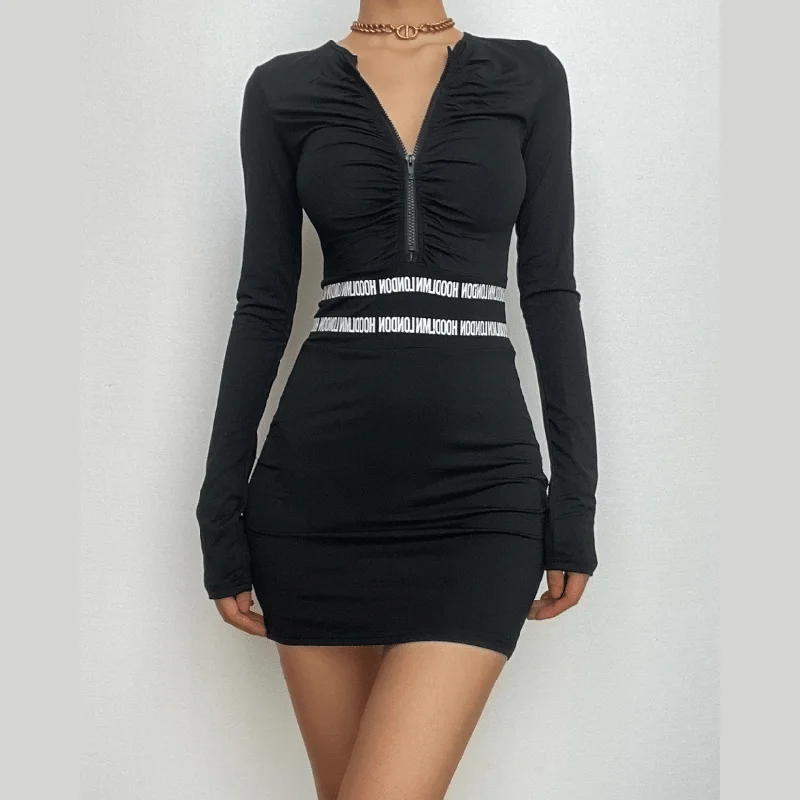 BerryBetty - Ruched zip-up long sleeve contrast mini dress