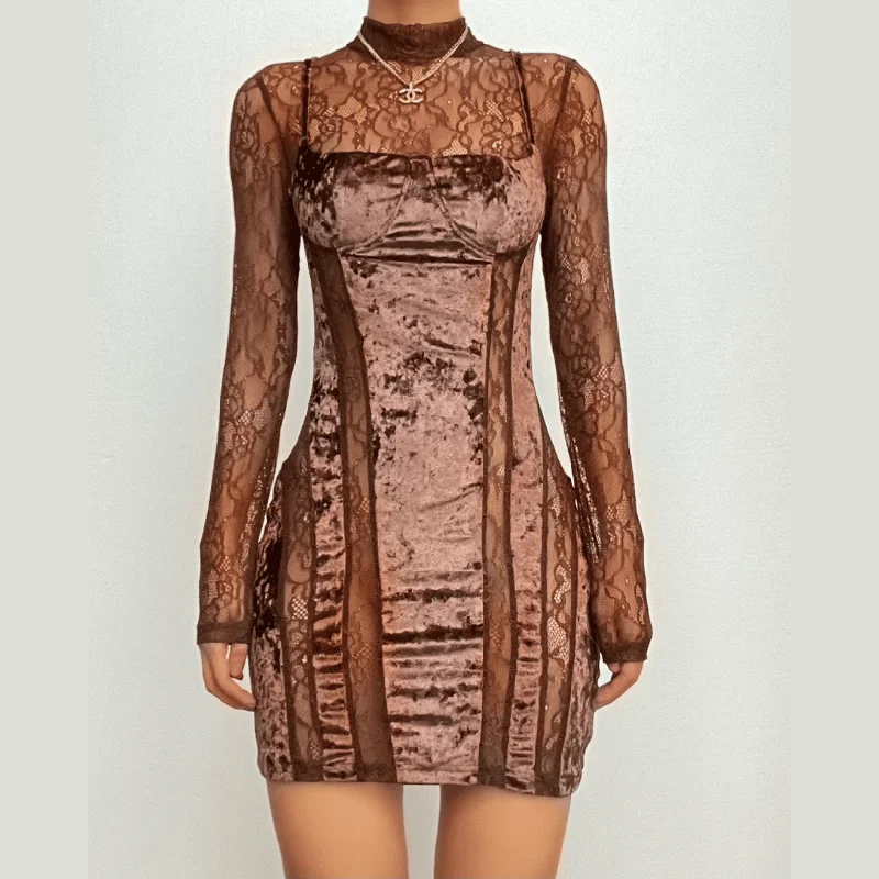 BerryBetty - Velvet patchwork high neck long sleeve lace mini dress