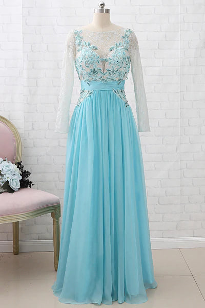 Aqua Blue Chiffon Cutout Back Appliques Long Bridesmaid Dress