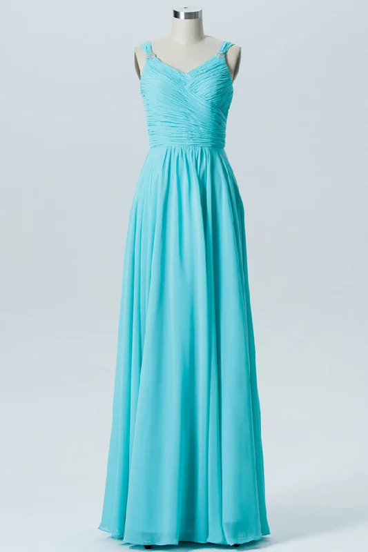 Aqua Blue Rhinestone Straps Bridesmaid Dress