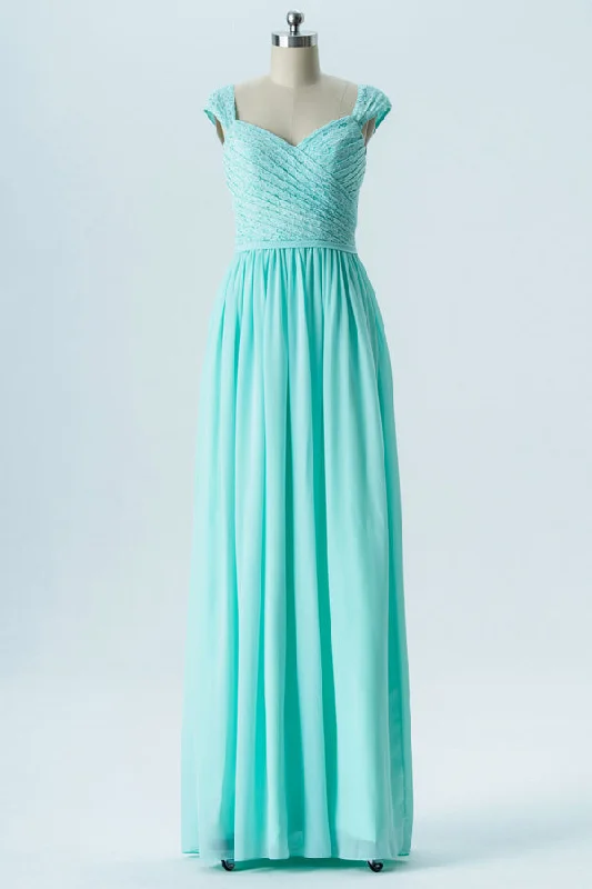 Aqua Blue Sweetheart Cap Sleeve Bridesmaid Dress