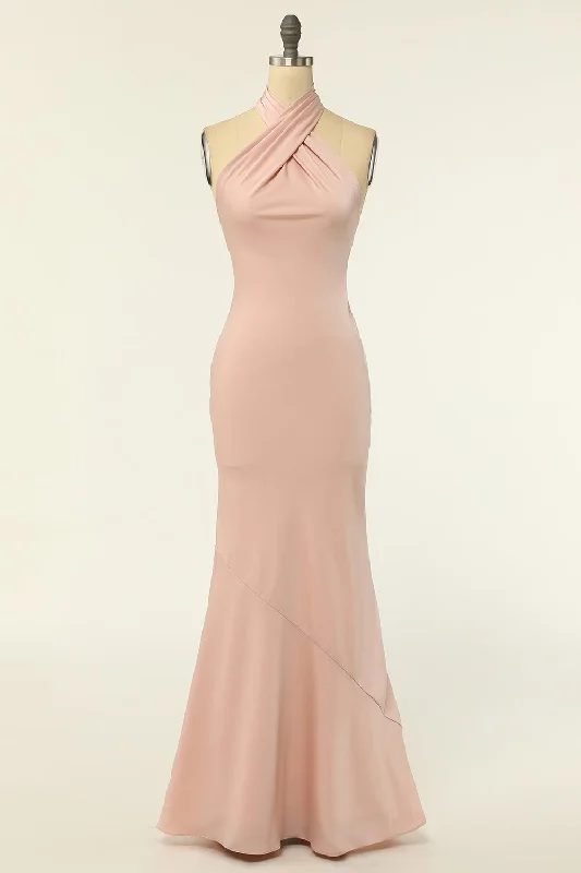 Blush Chiffon Cross-Front Backless Long Bridesmaid Dress