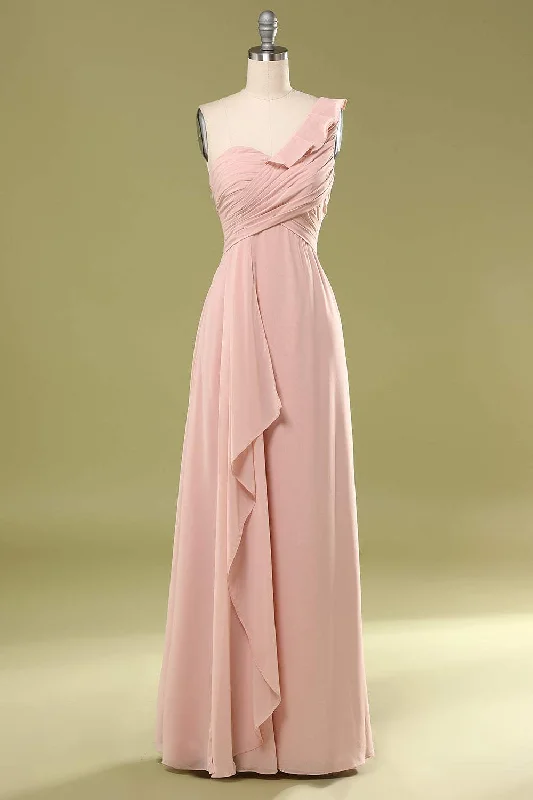 Blush Chiffon One-Shoulder Ruffled Bridesmaid Dress