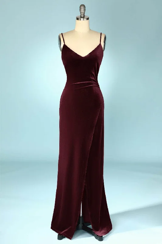 Burgundy Velvet V-Neck Straps Long Bridesmaid Dress with Slit