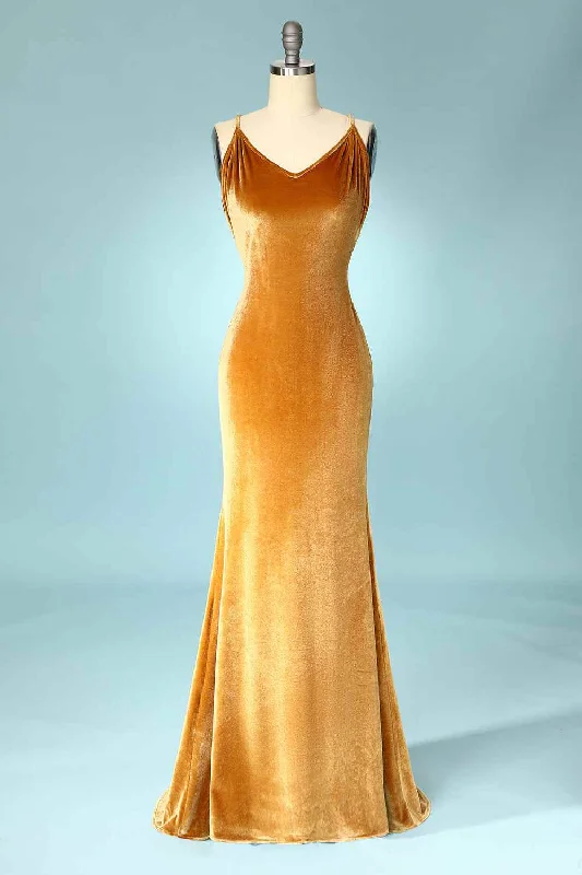 Gold Velvet Cross-Back Mermaid Bridesmaid Dress