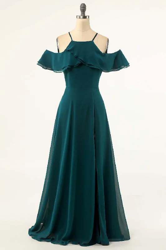 Hunter Green Cold Shoulder Ruffled Bridesmaid Dress