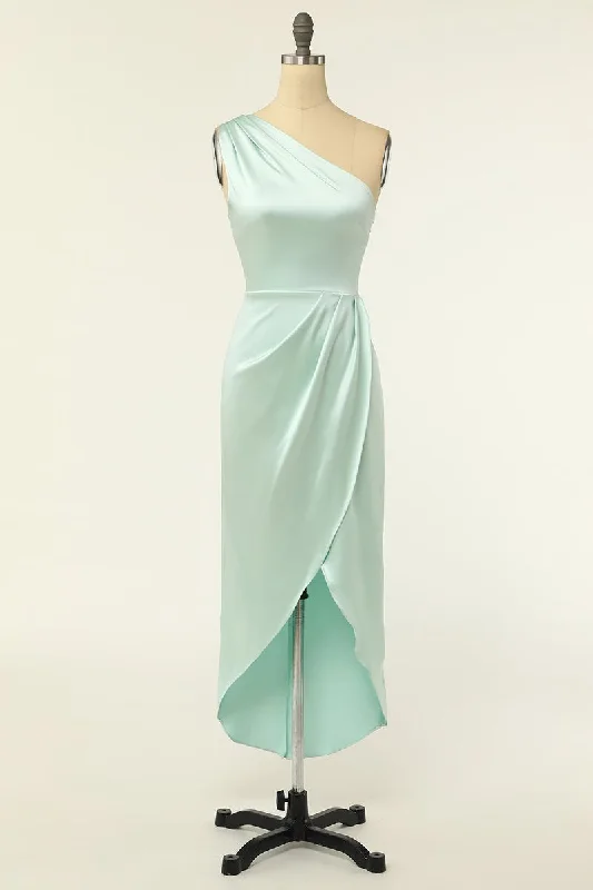 Mint Green Satin One-Shoulder Bridesmaid Dress