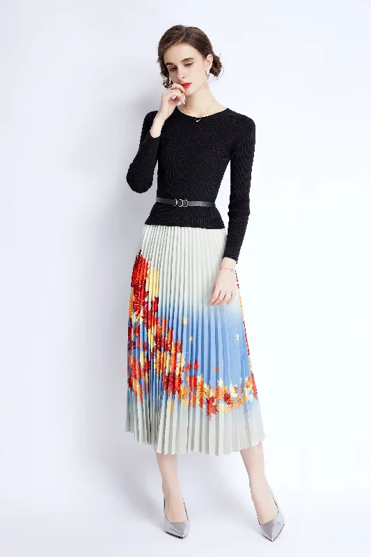 Multicolor Cocktail A-line Crewneck Long Sleeve Maxi Pleated Dress