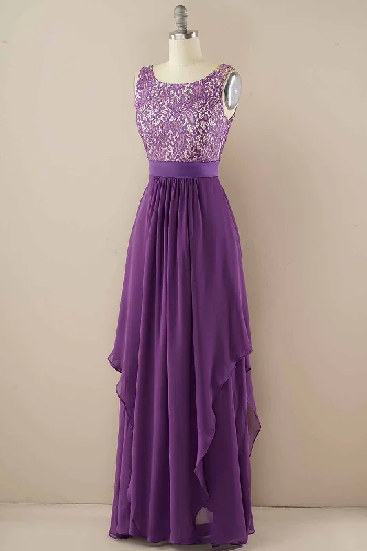 Purple Lace Jewel Sleeveless Tiered Bridesmaid Dress