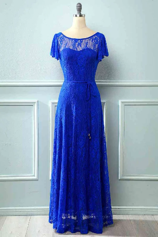 Royal Blue Lace Backless Cap Sleeve Bridesmaid Dress