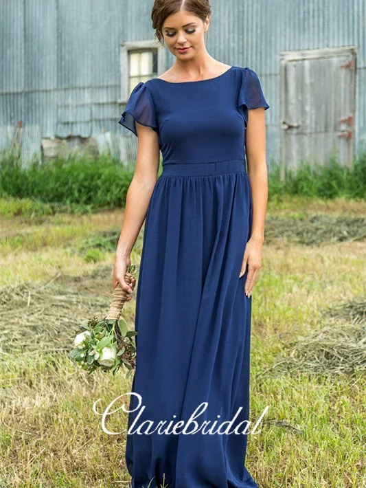 Short Sleeves Fluffy Chiffon A-line Bridesmaid Dresses