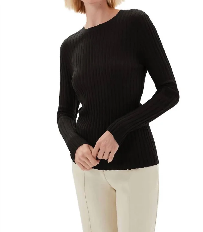 Long Sleeve Pointelle Rib Crew Top In Black