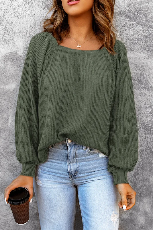 Scoop Neck Puff Sleeve Waffle Knit Top