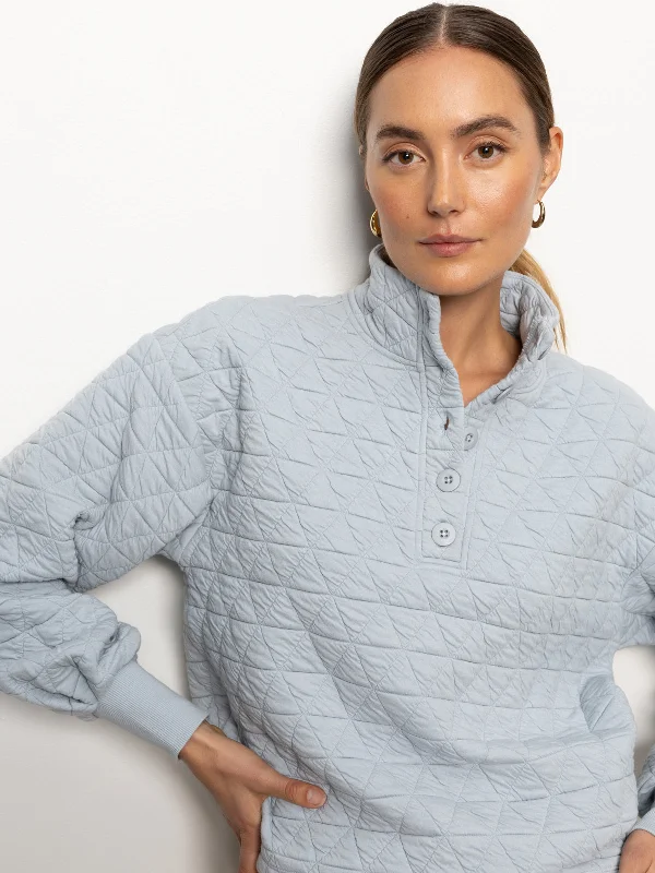 Quilted Button Up Popover Top Pearl Blue