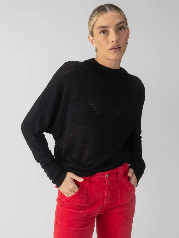 Sheer Stripe Funnel Neck Top Black