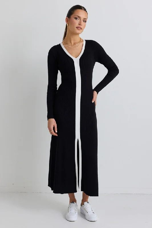 Spree Black and White V Neck Rib Knit Maxi Dress